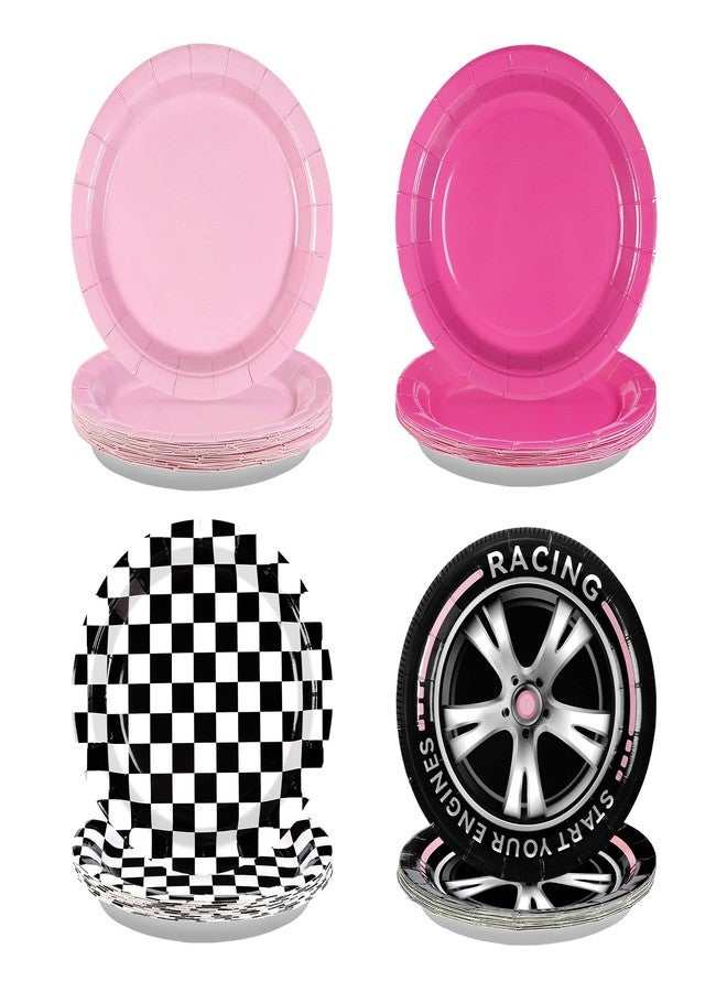 Grencian 60Pcs Pink Race Car Party Plates 9" Racing Party Decorations Pink Black White Checkered Racing Car Paper Plates Disposable for Valentine’s Day Girls Birthday Baby Shower Race Themed Par-ty Supplies - Image 1